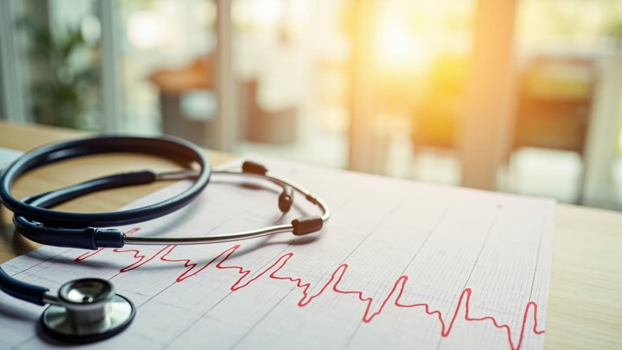 A stethoscope resting beside a printed paper ECG strip showing a red cardiac heartbeat waveform, on a wooden desk with warm natural window light in the background.