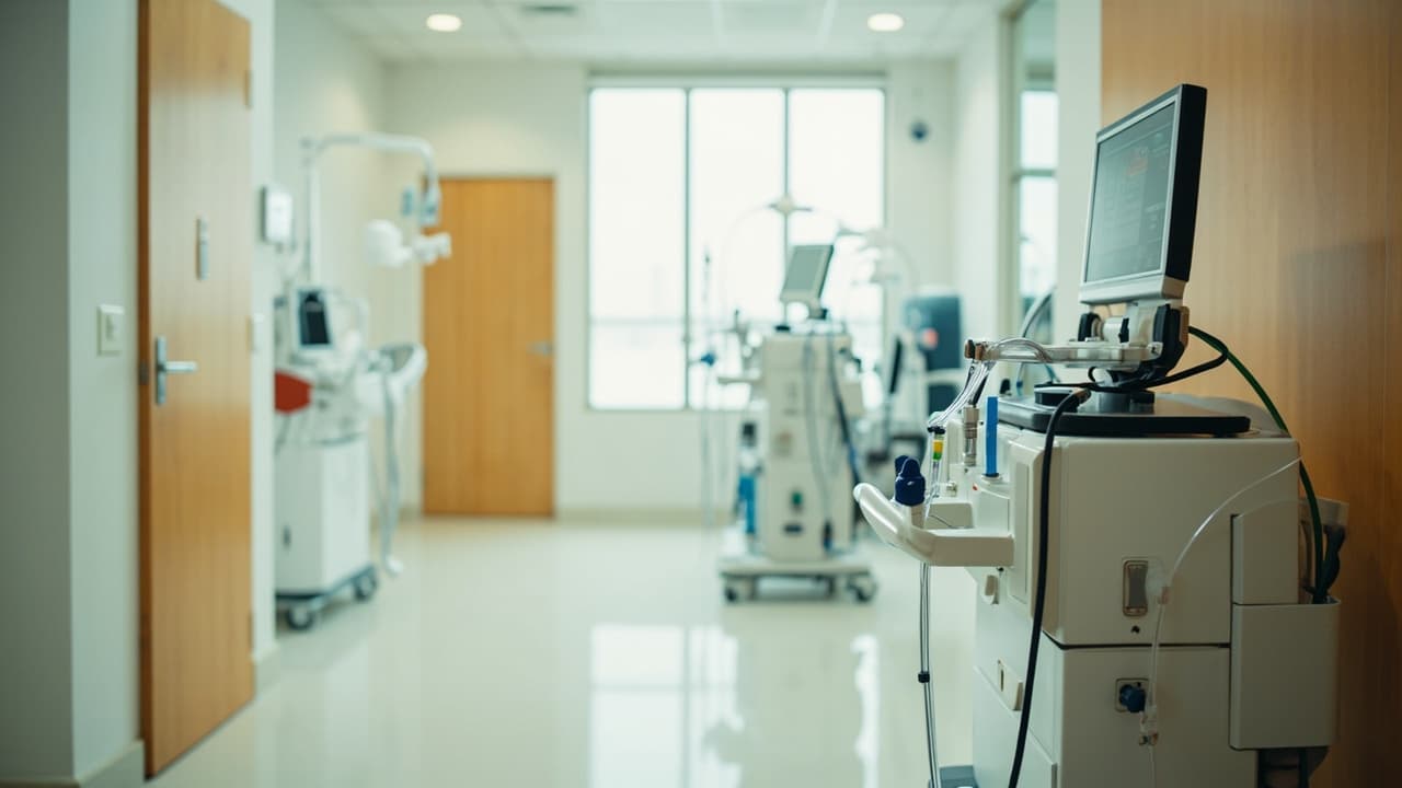 Bright modern hospital corridor with dialysis machines in treatment bays, warm wood-toned doors and natural daylight, no people