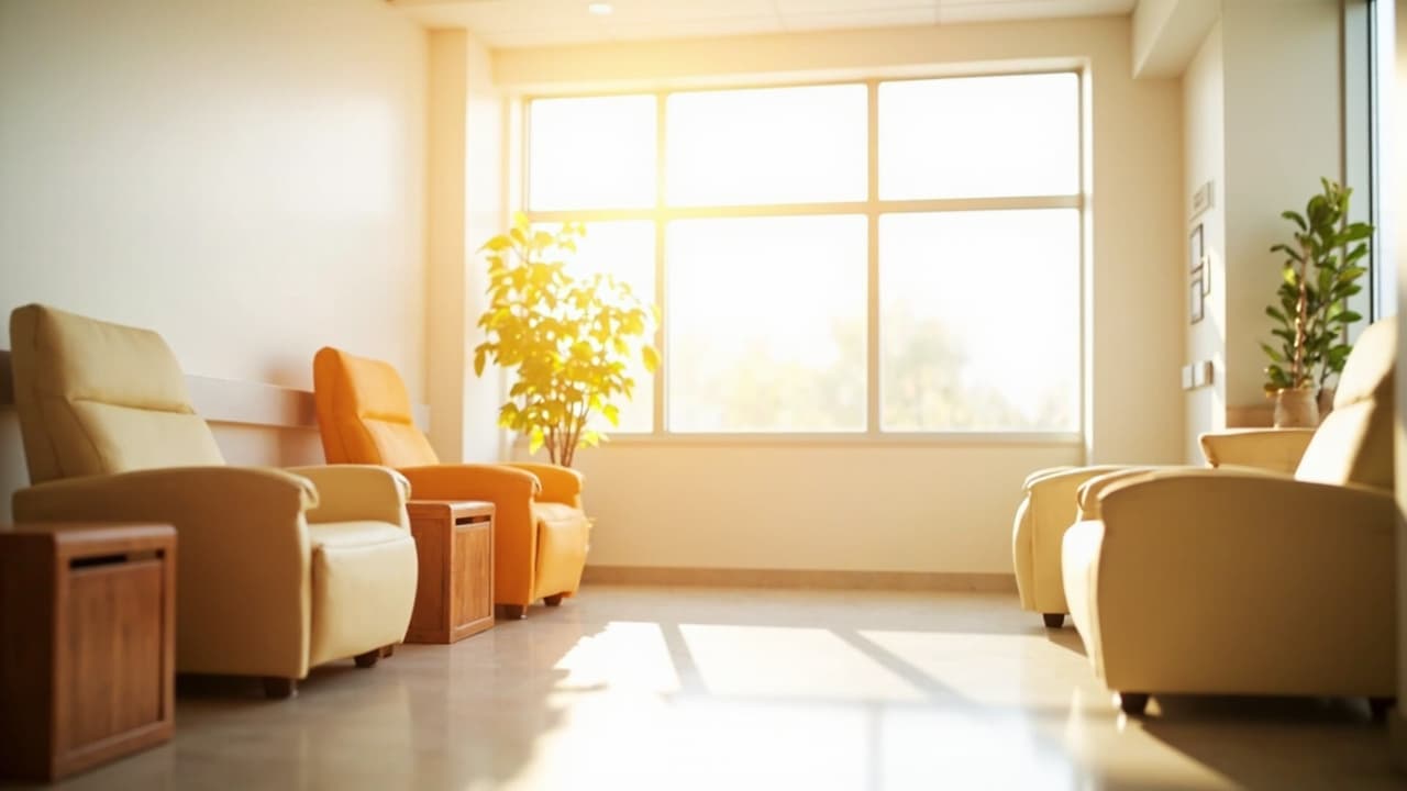 Empty oncology infusion treatment room with warm cream and orange reclining chairs, wooden side tables, and large sunlit windows
