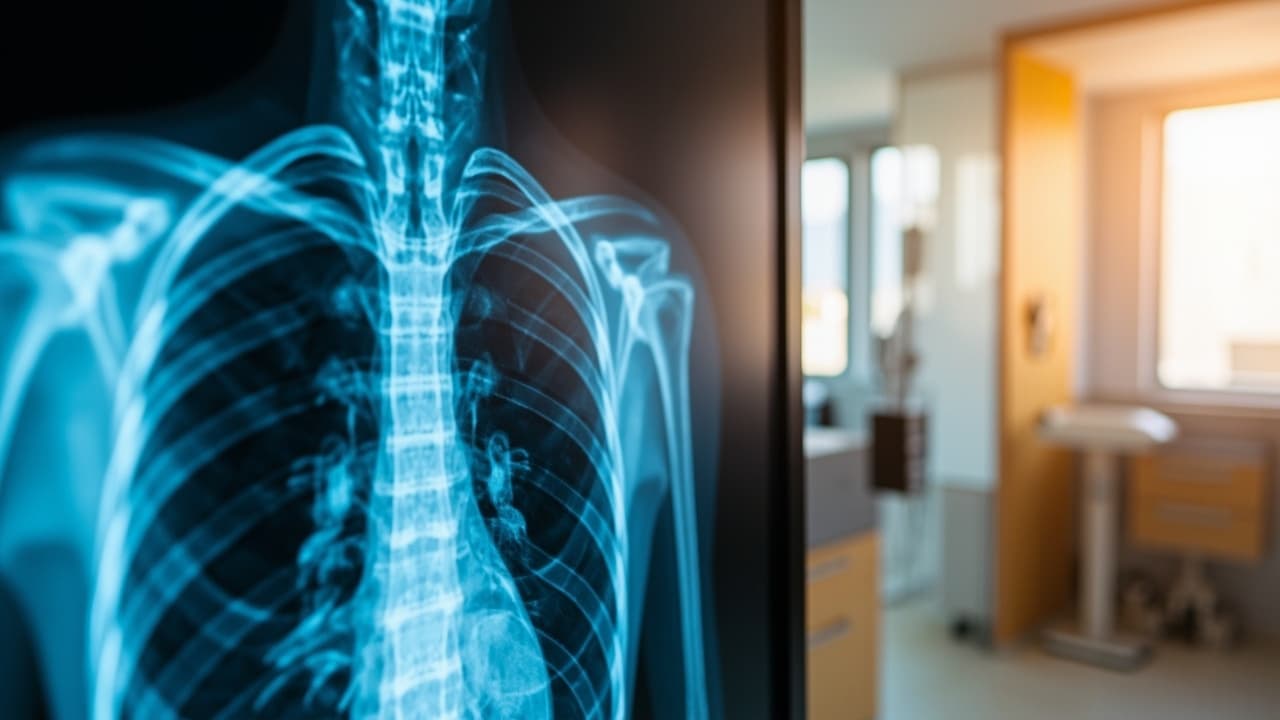 A chest X-ray radiograph glowing on a bright medical display monitor, showing the lungs, ribcage, and spine, in a sunlit clinical room