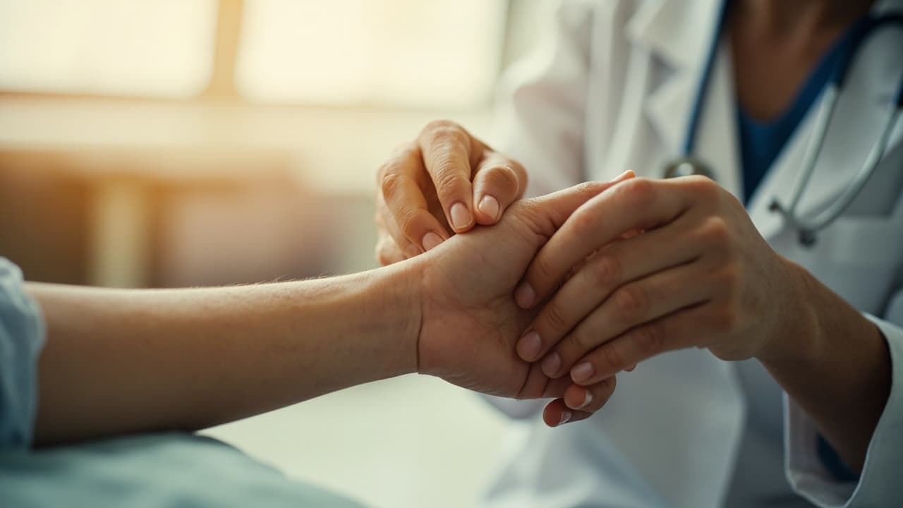 Close-up of a clinician's hands, wearing a stethoscope, gently checking a patient's pulse at the wrist in soft natural light.