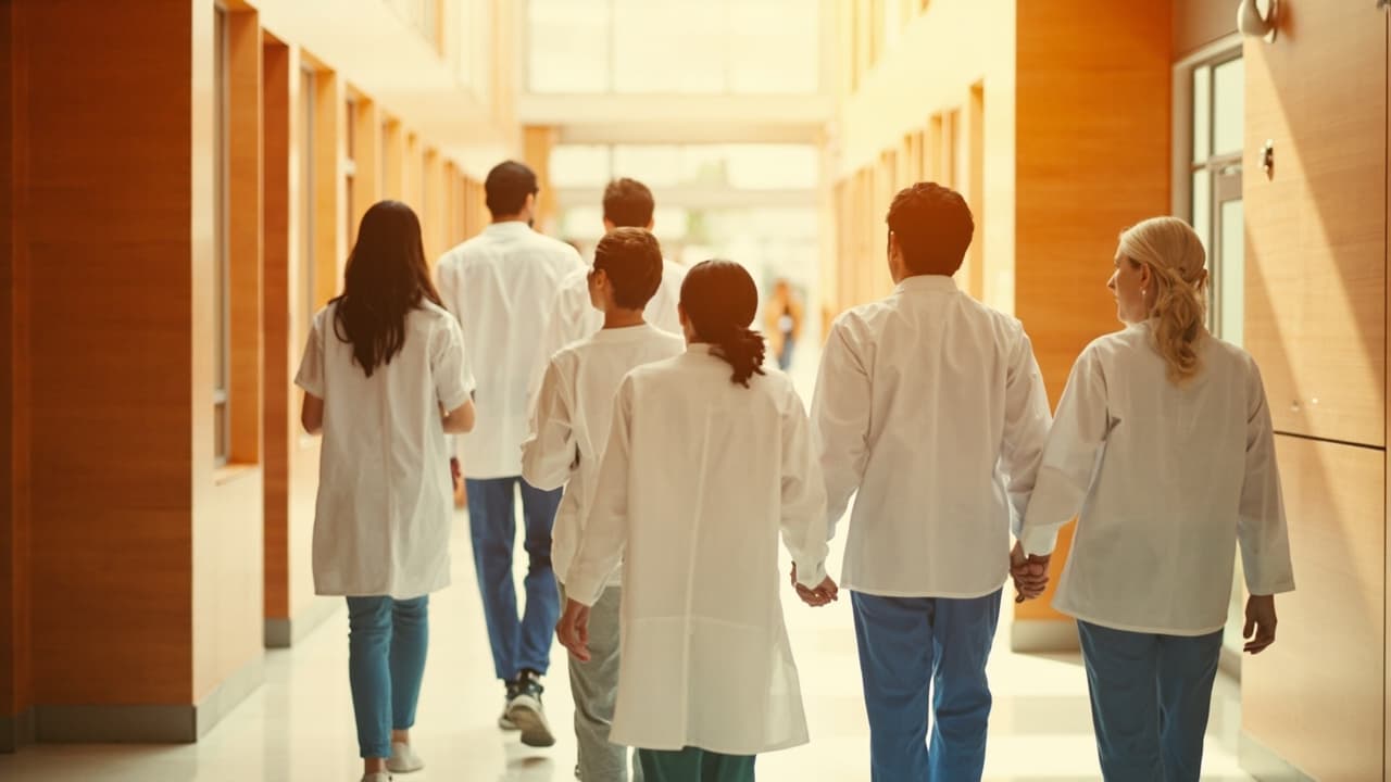 A diverse team of doctors and nurses in white coats and scrubs walking together down a sunlit modern hospital corridor, seen from behind.