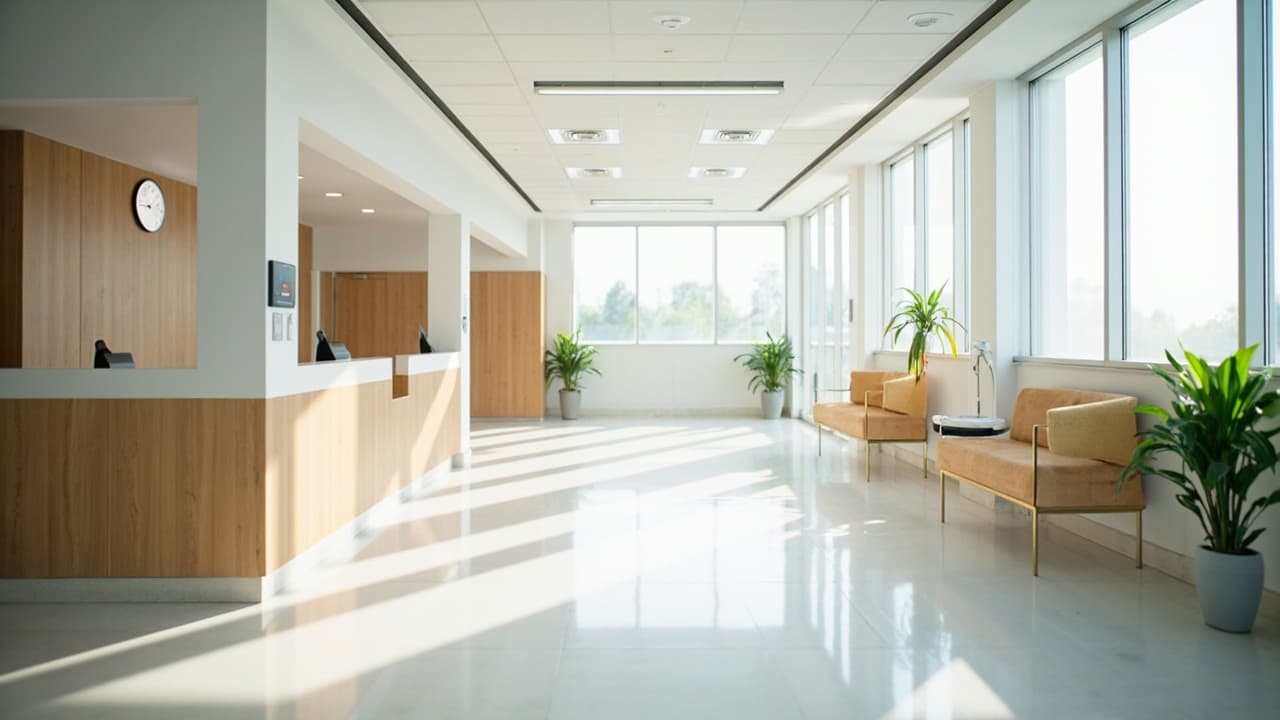 A bright, sharply focused hospital reception and waiting area with warm wood-tone surfaces, orange seating, potted plants, and large sunlit windows